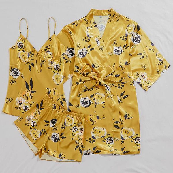 silk sleep robe gown sets women's sling shorts outer yellow print three-piece set ice night sleepwear, Black;red
silk sleep robe gown sets women's sling shorts outer yellow print three-piece set ice night sleepwear, Black;red