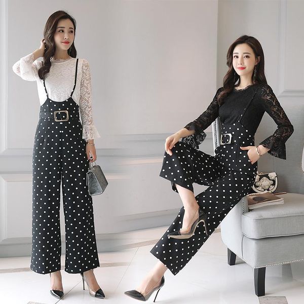 women's two piece pants 2021 autumn spring women pieces suit long sleeve lace t-shirt +long suspenders dot wide leg trousers lady sets, White
women's two piece pants 2021 autumn spring women pieces suit long sleeve lace t-shirt +long suspenders dot wide leg trousers lady sets, White