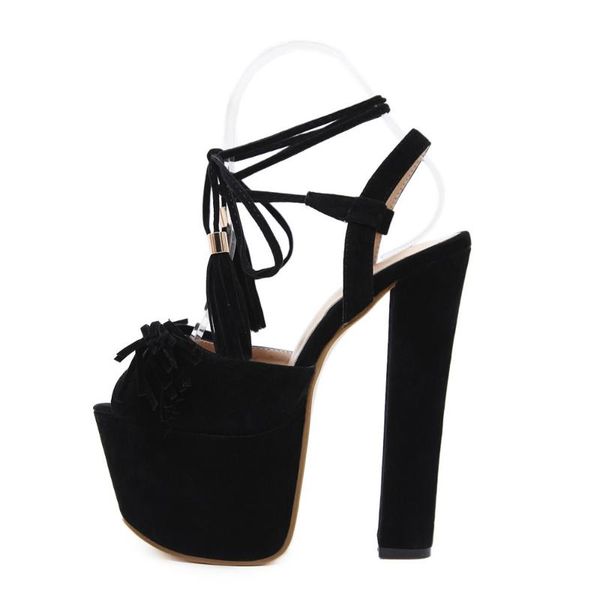 europe and the united states fish mouth sandals fashion tassel waterproof platform thick high heel 16cm wild heels., Black
europe and the united states fish mouth sandals fashion tassel waterproof platform thick high heel 16cm wild heels., Black