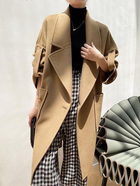 women's wool & blends double sided cashmere coat medium and long knee length loose silhouette large high-end in autumn, Black
women's wool & blends double sided cashmere coat medium and long knee length loose silhouette large high-end in autumn, Black