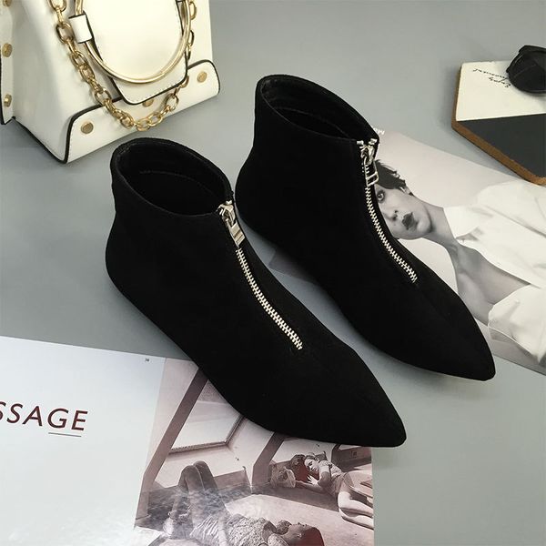 women's sho 2021 autumn winter frosted leather pointed front zipper flat bottomed short women's plush warm bare boots, Black
women's sho 2021 autumn winter frosted leather pointed front zipper flat bottomed short women's plush warm bare boots, Black