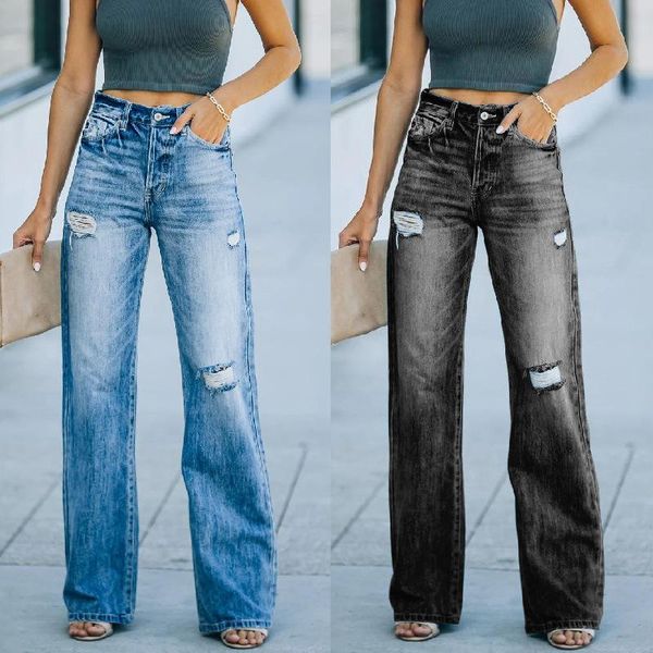 women's jeans 2021 autumn casual wide-leg pants mid-waist wash water ripped denim trousers, Blue
women's jeans 2021 autumn casual wide-leg pants mid-waist wash water ripped denim trousers, Blue