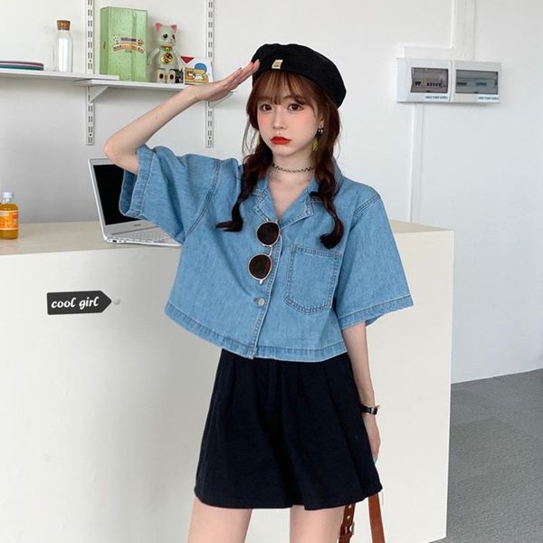 women's blouses & shirts shirt women notched denim short college all-match design summer fashion solid blusas femme vintage korean crop, White
women's blouses & shirts shirt women notched denim short college all-match design summer fashion solid blusas femme vintage korean crop, White