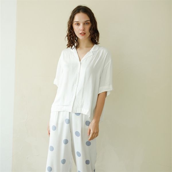 summer casual 100% viscose women's white short sleeve pajama sets blue dot ankle-length pants loose comfortable sleepwear suits 210809, Black;red
summer casual 100% viscose women's white short sleeve pajama sets blue dot ankle-length pants loose comfortable sleepwear suits 210809, Black;red