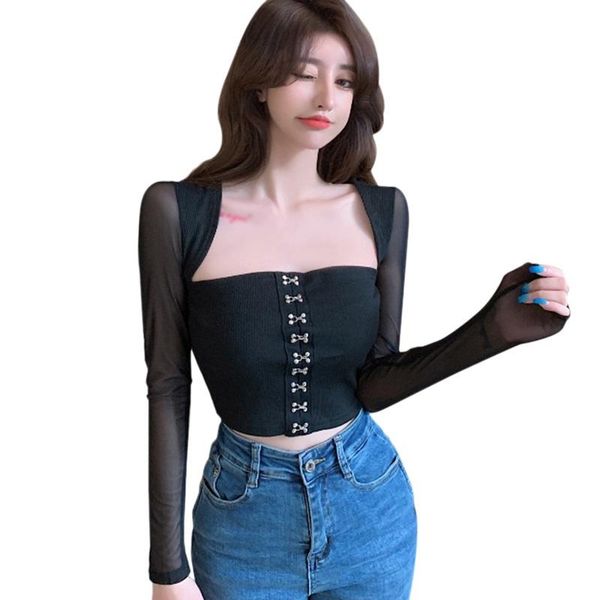 women's t-shirt square collar tshirt mesh stitching slim navel exposed single breasted long sleeved tee, White
women's t-shirt square collar tshirt mesh stitching slim navel exposed single breasted long sleeved tee, White