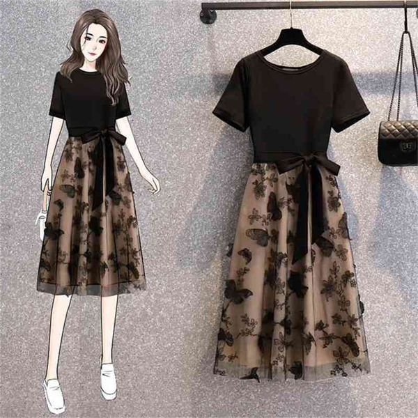 black t-shirt stitching mesh knitted dress 3d butterfly embroidery o-neck short sleeve bow summer 210519, Black;gray
black t-shirt stitching mesh knitted dress 3d butterfly embroidery o-neck short sleeve bow summer 210519, Black;gray