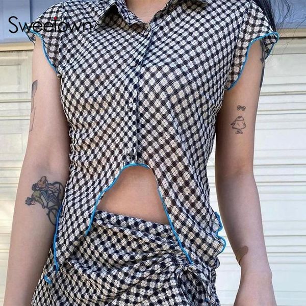 women's t-shirt sweetown summer 2021 short sleeve print mesh t shirts women turn down collar frill plaid baby tee y2k korean kawaii clo, White
women's t-shirt sweetown summer 2021 short sleeve print mesh t shirts women turn down collar frill plaid baby tee y2k korean kawaii clo, White