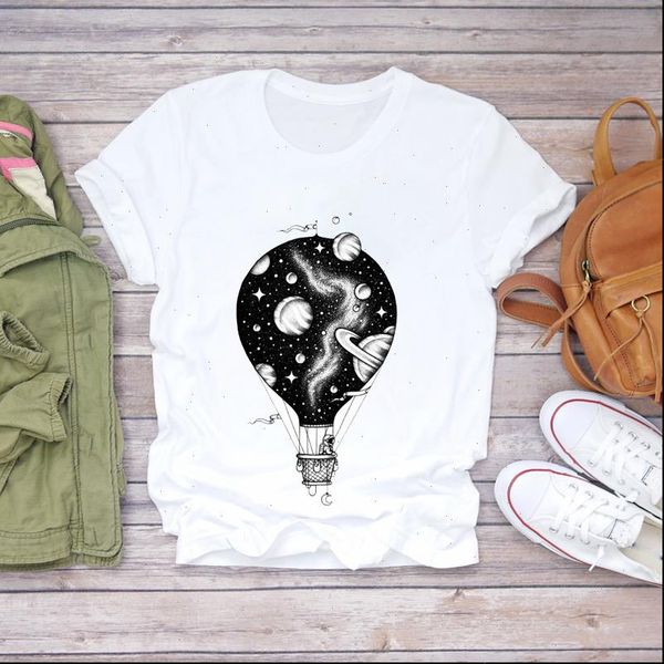 balloon space travel cute womens girl 90s fashion graphic print tee, White 
balloon space travel cute womens girl 90s fashion graphic print tee, White