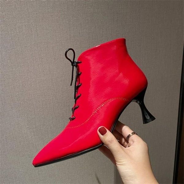 boots autumn and winter pointed bare cross strapped patent leather short high heels women's, Black
boots autumn and winter pointed bare cross strapped patent leather short high heels women's, Black