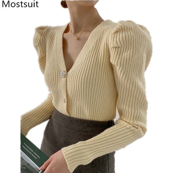 spring v-neck knitted cardigan sweater women puff sleeve single-breasted korean vintage elegant female jumpers femme 210514, White;black
spring v-neck knitted cardigan sweater women puff sleeve single-breasted korean vintage elegant female jumpers femme 210514, White;black