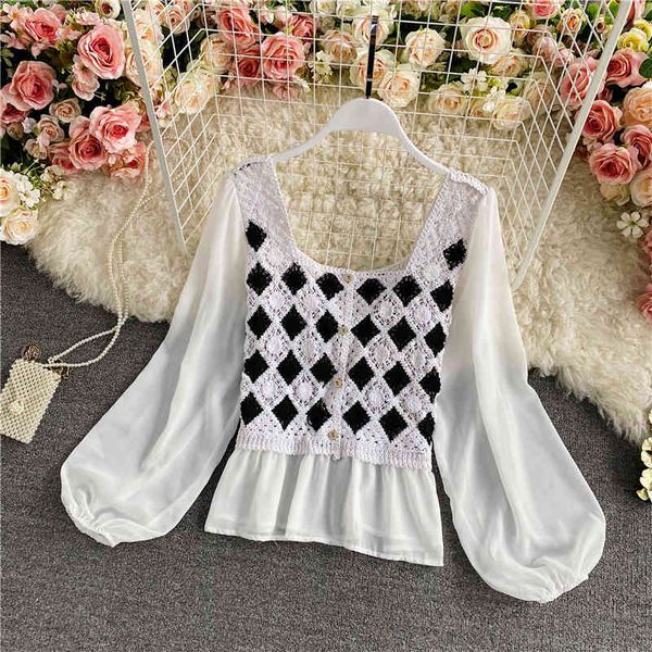 blouses women hollow out patchwork plaid blouse female vintage square collar mesh puff sleeve single breasted short spring autumn, White
blouses women hollow out patchwork plaid blouse female vintage square collar mesh puff sleeve single breasted short spring autumn, White