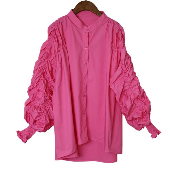 women white black rose red solid shirt stand collar ruched puff sleeve long blouse spring summer b0797 210514
women white black rose red solid shirt stand collar ruched puff sleeve long blouse spring summer b0797 210514