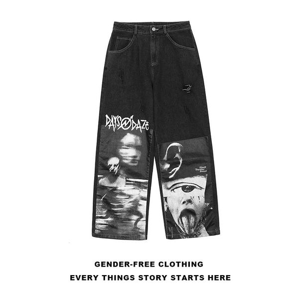 men's jeans 2021 streetwear abstract funny patchwork printed hip hop wide leg pants men high street, Blue
men's jeans 2021 streetwear abstract funny patchwork printed hip hop wide leg pants men high street, Blue