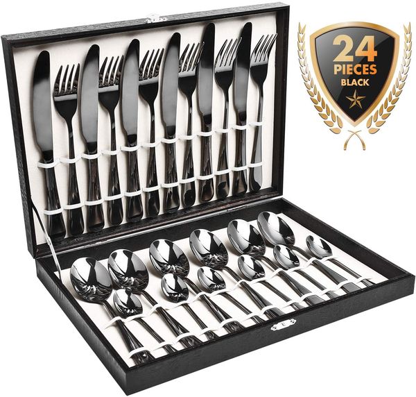 24pcs cutlery set stainless steel dinnerware set black gold flatware set tableware spoon party dinner wooden gift box
24pcs cutlery set stainless steel dinnerware set black gold flatware set tableware spoon party dinner wooden gift box