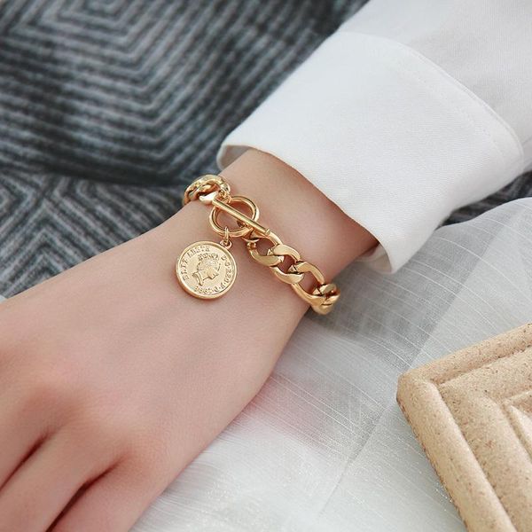 link, chain women vintage elizabeth coin charm bracelets, anti allergy stainless steel cuban curb link female wristband jewelry, Black
link, chain women vintage elizabeth coin charm bracelets, anti allergy stainless steel cuban curb link female wristband jewelry, Black