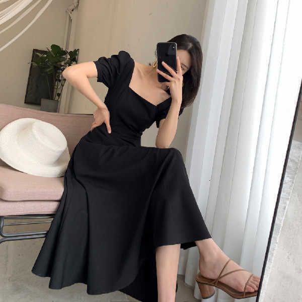 hepburn little black is thin french square neck bubble sleeve temperament over knee long dr's summer, Black;gray
hepburn little black is thin french square neck bubble sleeve temperament over knee long dr's summer, Black;gray