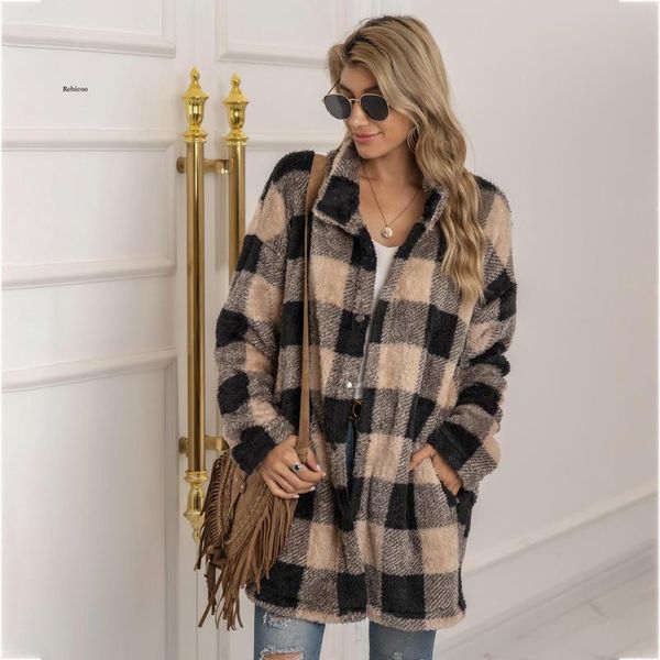 women's wool & blends autumn winter plush coat plaid casual middle length ladies warm plus size 2021, Black
women's wool & blends autumn winter plush coat plaid casual middle length ladies warm plus size 2021, Black
