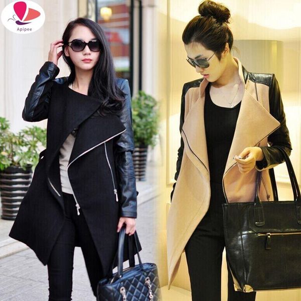 winter women plus size long wool blends coat zipper sleeve faux leather patchwork jacket pu windbreaker women's &, Black
winter women plus size long wool blends coat zipper sleeve faux leather patchwork jacket pu windbreaker women's &, Black