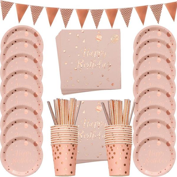 disposable dinnerware 78pcs rose gold happy birthday printing dot tableware set paper plate cup party decoration girl baby shower
disposable dinnerware 78pcs rose gold happy birthday printing dot tableware set paper plate cup party decoration girl baby shower