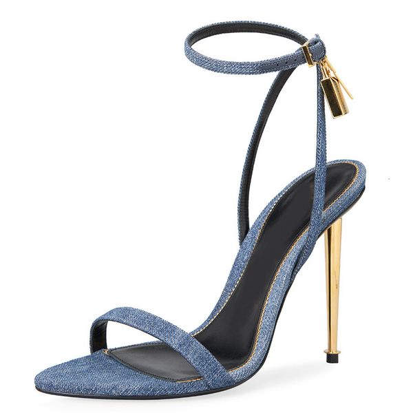 sandals blue denim metal thin high heel women narrow band gold lock decor ankle strap sandalias summer party dress shoes 7k38, Black
sandals blue denim metal thin high heel women narrow band gold lock decor ankle strap sandalias summer party dress shoes 7k38, Black