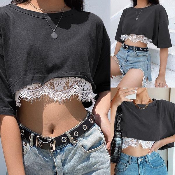 women's t-shirt patchwork lace casual loose crop fashion solid color short-sleeve ladies summer streetwear, White
women's t-shirt patchwork lace casual loose crop fashion solid color short-sleeve ladies summer streetwear, White