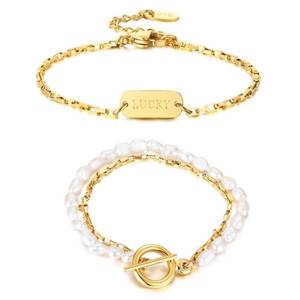 charm bracelets stainless steel box chain pearls/letter lucky bracelet bangle gold color geometric gift, Golden;silver 
charm bracelets stainless steel box chain pearls/letter lucky bracelet bangle gold color geometric gift, Golden;silver