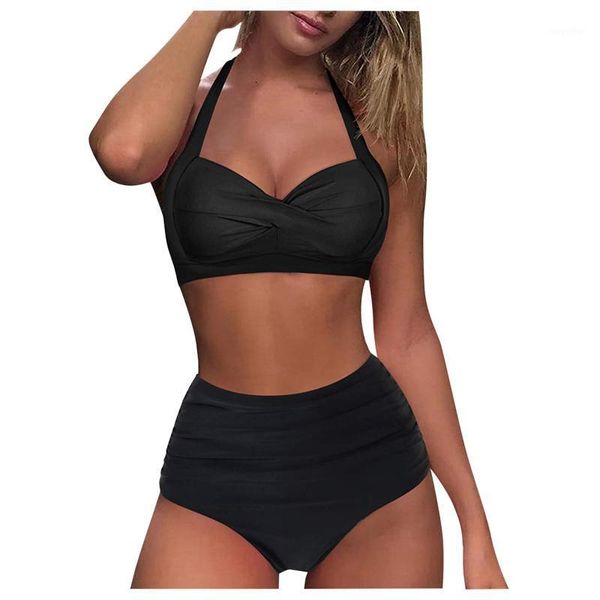 women halter solid swimsuit vintage two piece set retro ruched beachwear high waist print bikini swimming suits women's swimwear, White;black
women halter solid swimsuit vintage two piece set retro ruched beachwear high waist print bikini swimming suits women's swimwear, White;black