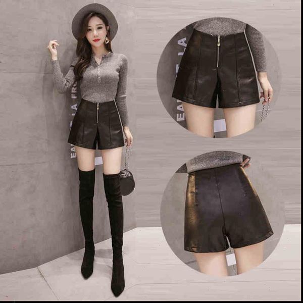 high waist girls a women shorts line elegant leather bottoms casual loose autumn winter, White;black 
high waist girls a women shorts line elegant leather bottoms casual loose autumn winter, White;black
