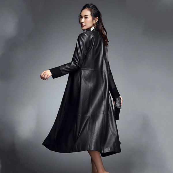 women's leather & faux sheepskin fashion coat office lady elegant middle length genuine windbreakers splice pleated v neck slim fit lon, Black
women's leather & faux sheepskin fashion coat office lady elegant middle length genuine windbreakers splice pleated v neck slim fit lon, Black