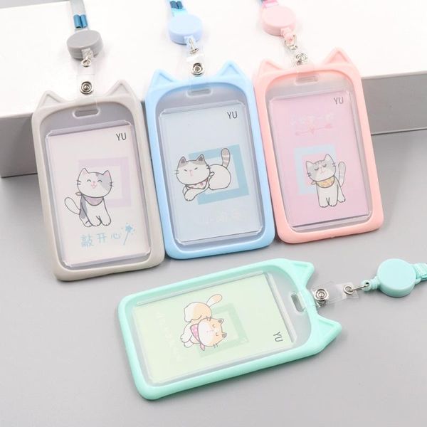 card holders 1pc cat ear style staff work cover bus id tag holder credit pass access protective case with retractable lanyard, Brown;gray 
card holders 1pc cat ear style staff work cover bus id tag holder credit pass access protective case with retractable lanyard, Brown;gray