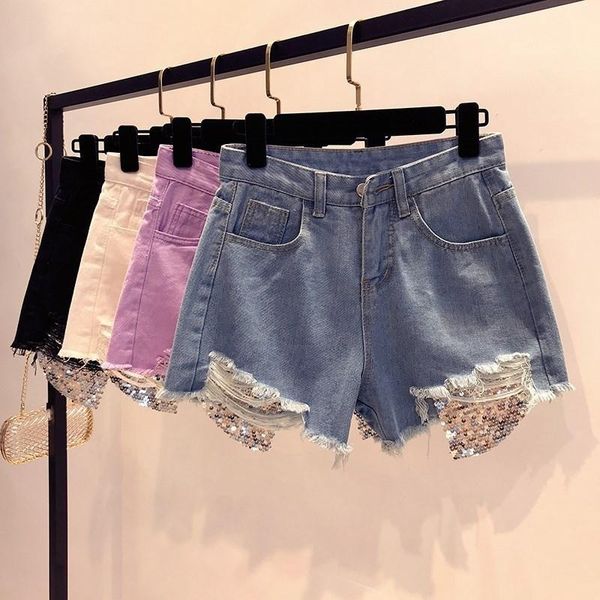 women's shorts 2021 sequins denim women fashion high waist solid wide leg hole casual summer jeans, White;black
women's shorts 2021 sequins denim women fashion high waist solid wide leg hole casual summer jeans, White;black