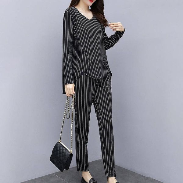 two piece dress women's casual large size v-neck striped long sleeve loose irregular hem pants ladies fashion suits, White
two piece dress women's casual large size v-neck striped long sleeve loose irregular hem pants ladies fashion suits, White