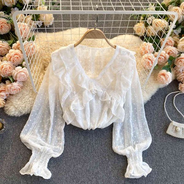 women's t-shirt women blouse ladies voile shirt chiffon embroidery v-neck ruffles hem long lantern sleeve thin elegant bl, White
women's t-shirt women blouse ladies voile shirt chiffon embroidery v-neck ruffles hem long lantern sleeve thin elegant bl, White