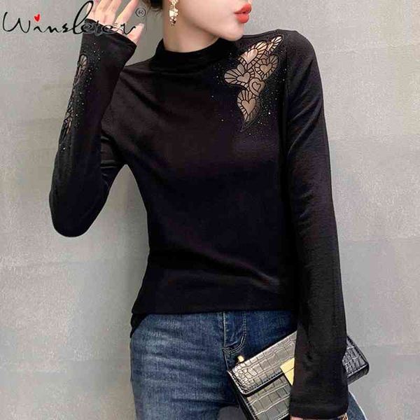 women's t-shirt fall winter mock neck korean style t-shirt fashion hollow out patchwork dimaonds cotton women ropa mujer, White
women's t-shirt fall winter mock neck korean style t-shirt fashion hollow out patchwork dimaonds cotton women ropa mujer, White
