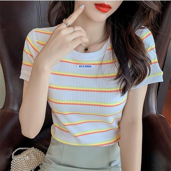 women's t-shirt korean knitting graphic tees stripes t shirt women summer o neck short sleeve slim female harajuku kawaii girls tee, White
women's t-shirt korean knitting graphic tees stripes t shirt women summer o neck short sleeve slim female harajuku kawaii girls tee, White