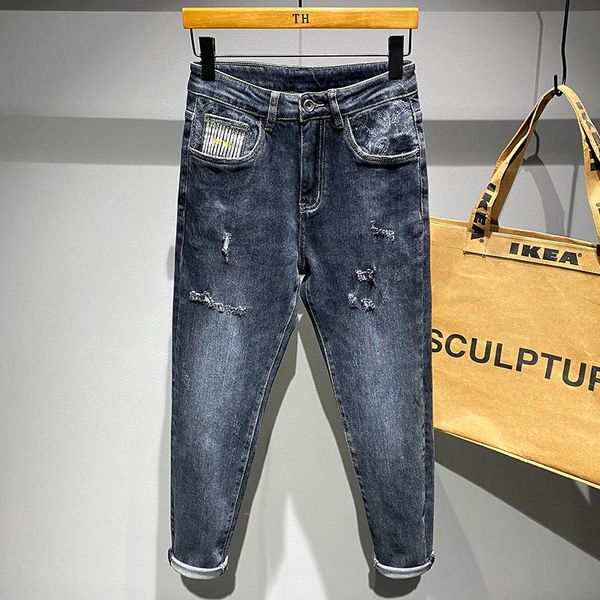 men's jeans autumn men ripped personality frayed pocket printed patch fashion simple male street stretch denim pants, Blue
men's jeans autumn men ripped personality frayed pocket printed patch fashion simple male street stretch denim pants, Blue