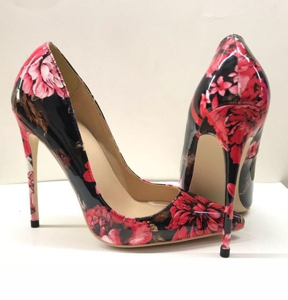 12cm thin heels woman shoes flower printed leather high heel shallow stiletto pumps party dress, Black
12cm thin heels woman shoes flower printed leather high heel shallow stiletto pumps party dress, Black