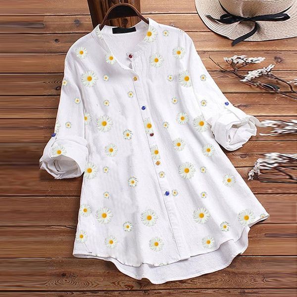 women's blouses & shirts casual cotton linen blusas blouse summer long sleeve flower print shirt elegant buttons down ruffles chemise, White 
women's blouses & shirts casual cotton linen blusas blouse summer long sleeve flower print shirt elegant buttons down ruffles chemise, White
