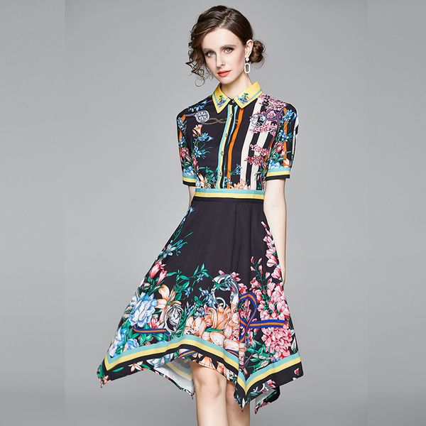2022 summer floral asymmetrical dress short sleeve woman designer vintage lapel runway classic button shirt dresses sweet casual party cockt, Black;gray
2022 summer floral asymmetrical dress short sleeve woman designer vintage lapel runway classic button shirt dresses sweet casual party cockt, Black;gray