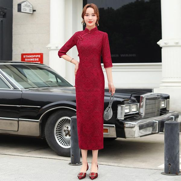 spring slim long traditional chinese dress lady elegant mandarin collar qipao burgundy 3/4 sleeve exquisite lace cheongsam s-4xl ethnic clot, Red
spring slim long traditional chinese dress lady elegant mandarin collar qipao burgundy 3/4 sleeve exquisite lace cheongsam s-4xl ethnic clot, Red