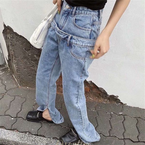 double waist stitching design, loose jeans, women's fashion, wide leg split, Blue
double waist stitching design, loose jeans, women's fashion, wide leg split, Blue