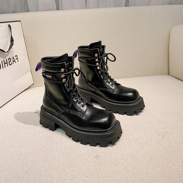 boots rise thick sole leather short boots, women's and the same of high square head lace up purple, Black
boots rise thick sole leather short boots, women's and the same of high square head lace up purple, Black