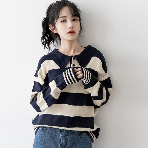 women's sweaters 2021 autumn loose college striped lapel sweater women outer wear knit collar, White;black
women's sweaters 2021 autumn loose college striped lapel sweater women outer wear knit collar, White;black