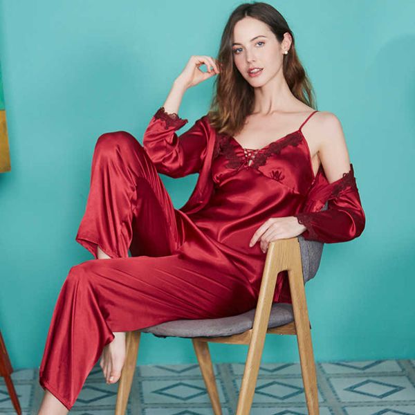 yaoting silk ice silk pajamas women's spring long sleeve trousers three piece large size home clothes 196 nightdress, Black;red
yaoting silk ice silk pajamas women's spring long sleeve trousers three piece large size home clothes 196 nightdress, Black;red