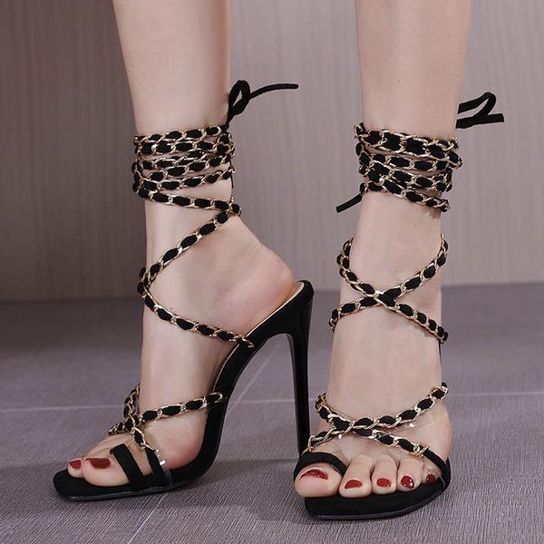 sandals high heels women metal chain cross-strap lady shoes narrow band lace-up thin heel roman shoe open toe sandalias mujer, Black
sandals high heels women metal chain cross-strap lady shoes narrow band lace-up thin heel roman shoe open toe sandalias mujer, Black
