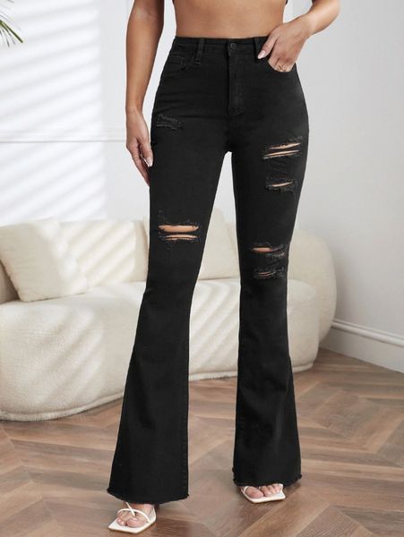 high waist ripped flare leg jeans d1fr#, Blue