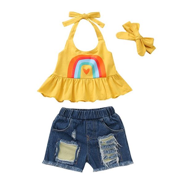 children clothing summer girl baby set ruffle sling + ripped denim shorts 2-piece sweet backless suit sets, White
children clothing summer girl baby set ruffle sling + ripped denim shorts 2-piece sweet backless suit sets, White