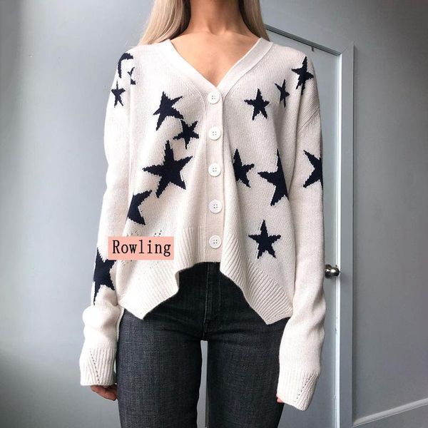 women's knits & tees rowling autumn winter woman 100% cashmere sweater black stars v-neck drop shoulder oversized single breasted cardi, White
women's knits & tees rowling autumn winter woman 100% cashmere sweater black stars v-neck drop shoulder oversized single breasted cardi, White