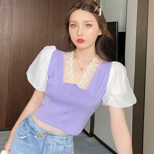 women's t-shirt sweet short bubble sleeve slim t-shirts elegant chiffon shirt summer v neck lace stitching top, White
women's t-shirt sweet short bubble sleeve slim t-shirts elegant chiffon shirt summer v neck lace stitching top, White