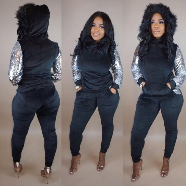 women's two piece pants fashion women tracksuit 2021 fall and winter solid sequined pockets long sleeve plush hooded sweater set top, White
women's two piece pants fashion women tracksuit 2021 fall and winter solid sequined pockets long sleeve plush hooded sweater set top, White